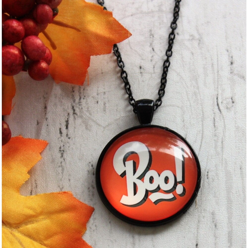 Halloween Pendant Necklace, BOO! Necklace, Glass Cabochon Necklace